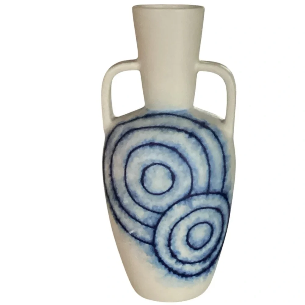 Thailand Natural & Blue Double Handled Artesian Pottery Vase Aztec Design New
